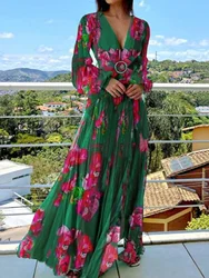 2024Summer Women's Dress Plus Size Elegant V-Neck Floral Long Sleeve Belted A-Line Extra Long Pleated Casual Fashion Long Dresse