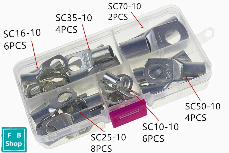 30pcs box-packed SC10-10 SC16-10 SC25-10 SC35-10 SC50-10 SC70-10 Tin Plated Copper Cable lugs Terminal Connector