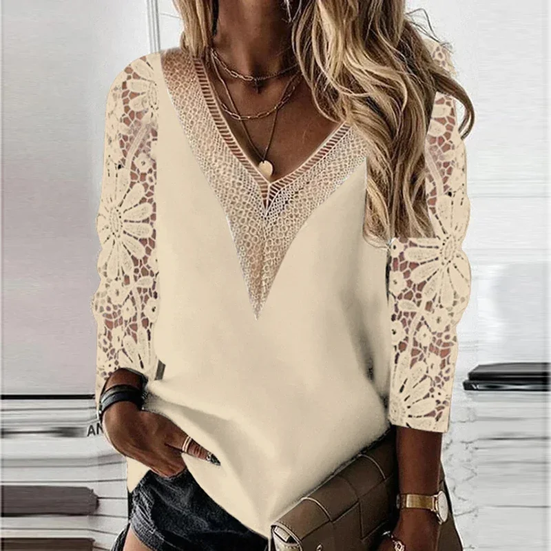 Spring Autumn V-neck Lace Office Lady Blouse Fashion Long Sleeve Hollow Chiffon Shirt Casual Tops Loose Clothes Blusas 25948