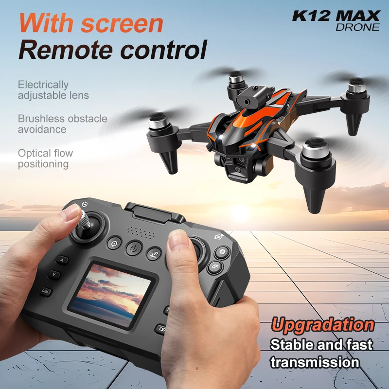 New upgrade K12 Max RC Drone With LCD Screen 8K HD Camera Brushless Motor 360° Obstacle Avoidance Foldable Quadcopter Dron Toys