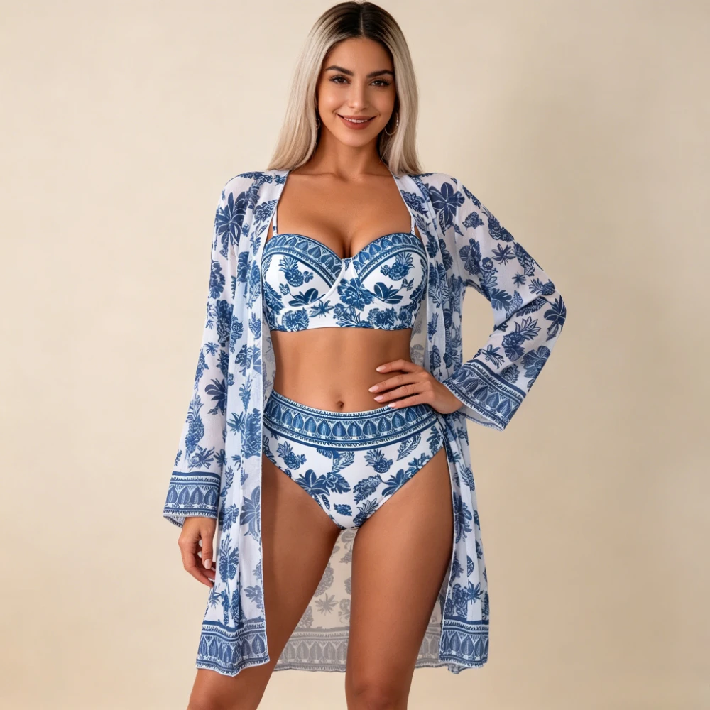 2026 3PCS Floral Bikini Set Push Up High Waist Swimsuit Long Sleeve Open Front Mesh Kimono Cover Up Beach Bathing Suit Swimwear