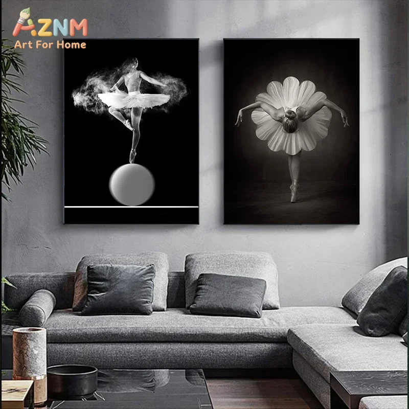 AZNM Black White Elegant Ballerina Canvas Poster Frameless Wall Art Ballet Dancer Silhouette Dance Figure Print For Dance Studio