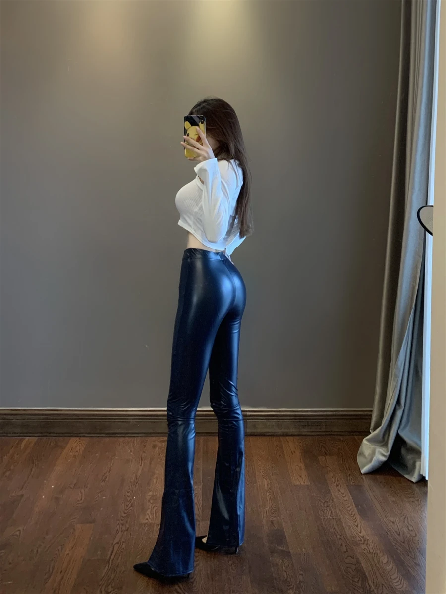 3XL Spicy Girl Flare Pants Split Zipper Shiny Skin PU Leather High Waist Elastic High Street Pants Trousers Korean Sexy Boho 9F