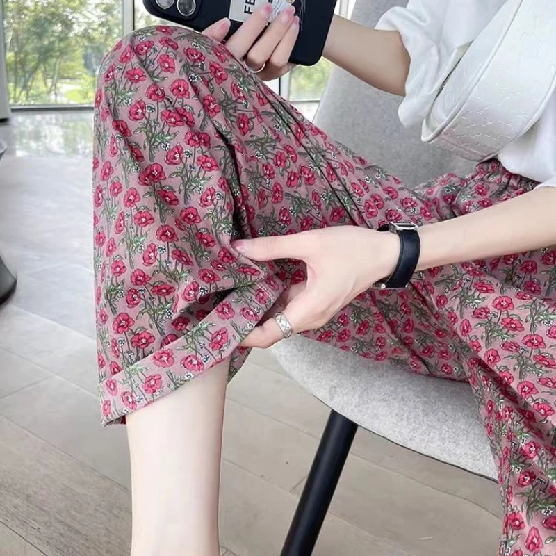 New Arrival 2026 Summer Floral Wide Leg Pants High Waist Vintage Beach Trousers Women Loose Comfort Pants