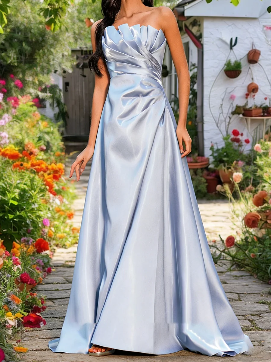 Elegante trägerlose, geraffte, himmelblaue, ärmellose A-Linie-formale Abendkleider, Geburtstagsfeier, Ballkleider, individuell gestaltet