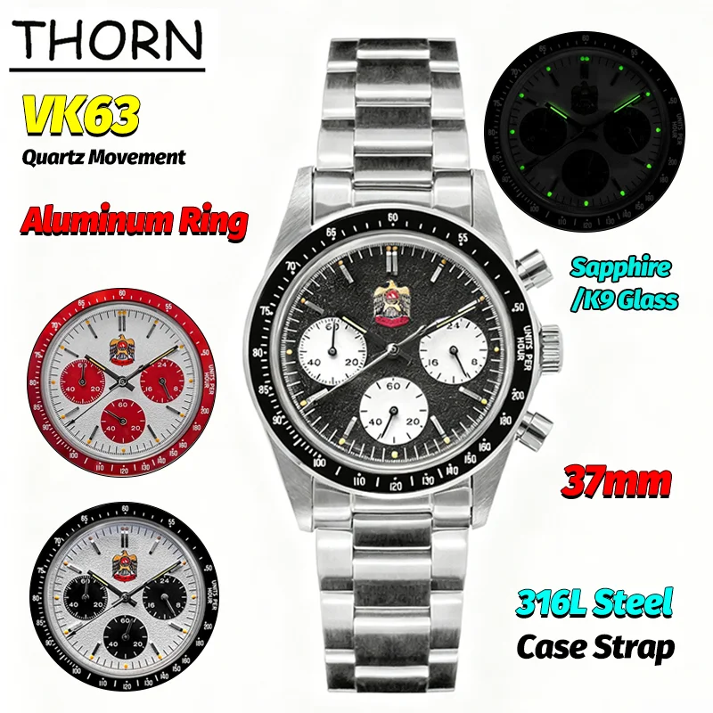 

THORN T010 VK63 Часы-хронограф 37 мм Спортивная мода Кварцевые наручные часы Сапфировое стекло K9 Ретро Тенденция Пара Светящиеся часы