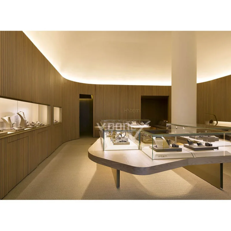 [Customized] high end luxury golden jewelry shop glass display cabinet showcase jewellery shop interior design furniture counter