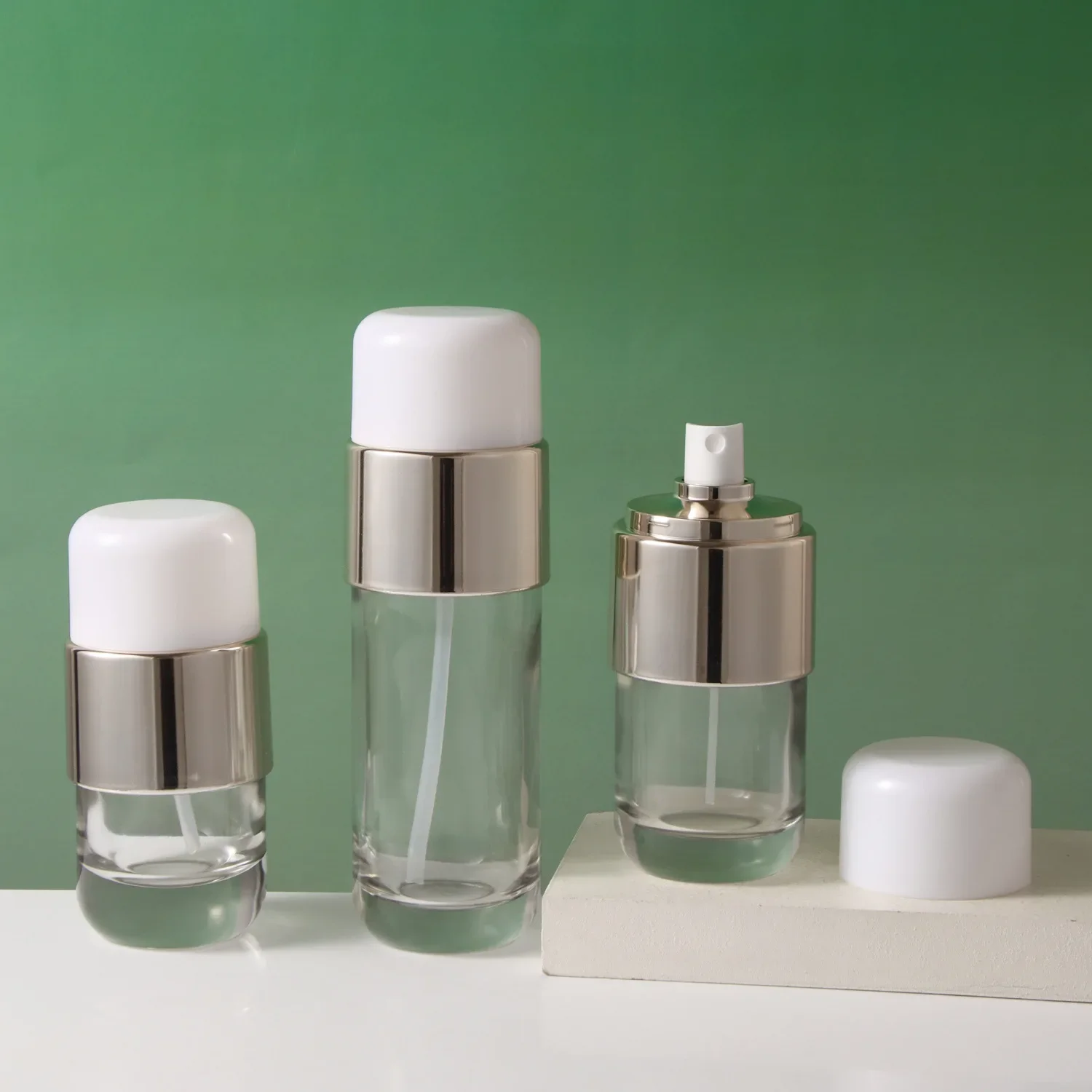 

30Ml/50ml/100ml/120ml Clear Glass Perfume Bottle Spray & Pump Lotion Bottles Empty 50g Cream Jars with Light Gold White Cover