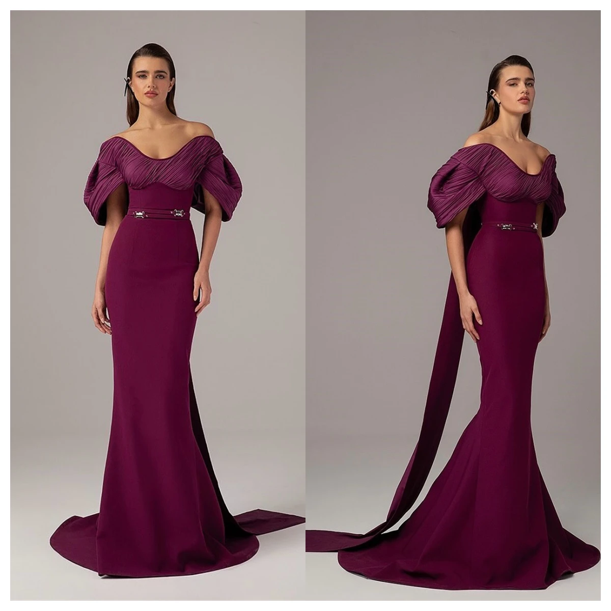 Customized Graceful Fuchsia Jersey Evening Dress Boat Neck Off the Shoulder Short Sleeves Celebrity Gowns Special Occasion Gowns image 2