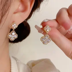 South Korea new design fashion jewelry 14K plated zircon leaf pearl earrings elegant women's party accessories