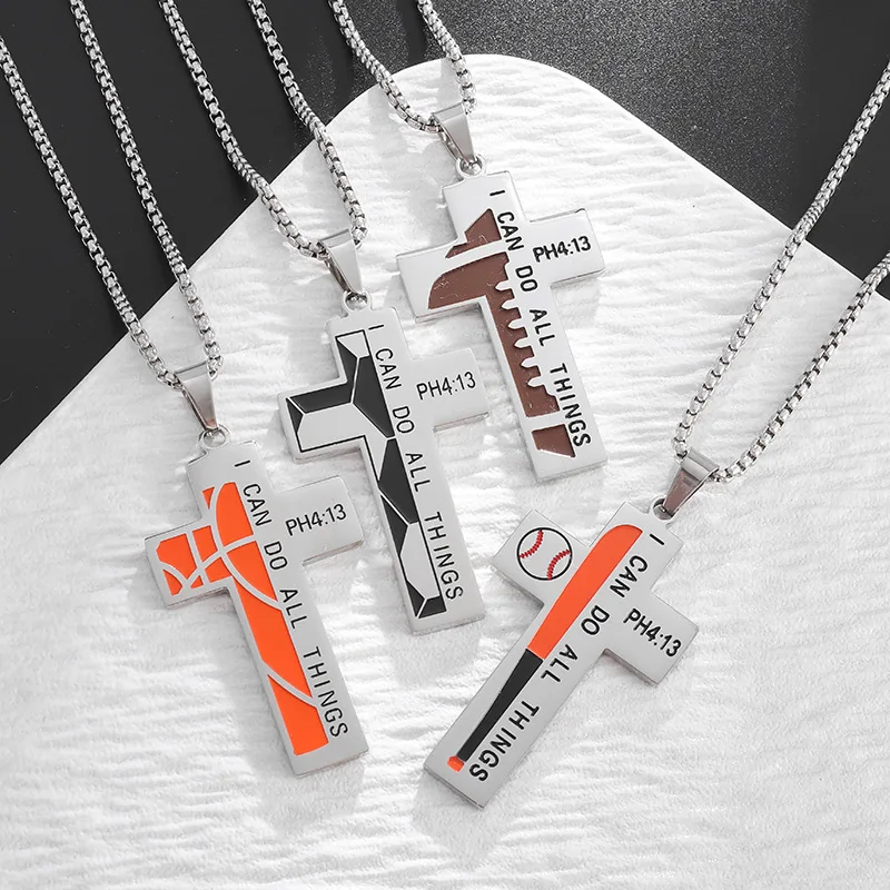 Personalized Sporty Style Stainless Steel Baseball Cross Necklace Hip Hop Trendy Pendant Necklace for Daily Casual Wear