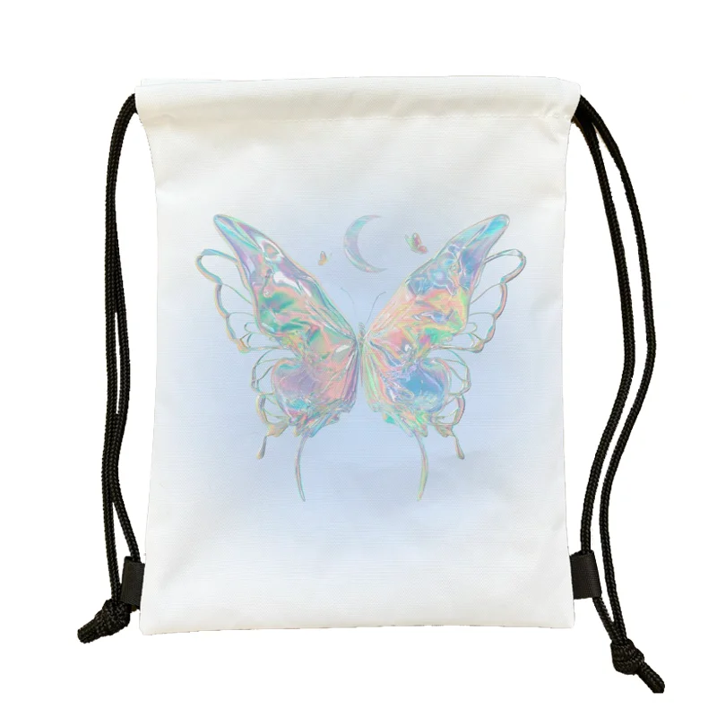 Butterfly Drawstring Bag for Women Iridescent 3D Print Cinch Bag Lightweight Waterproof Gym Backpack for Travel Shopping Storage
