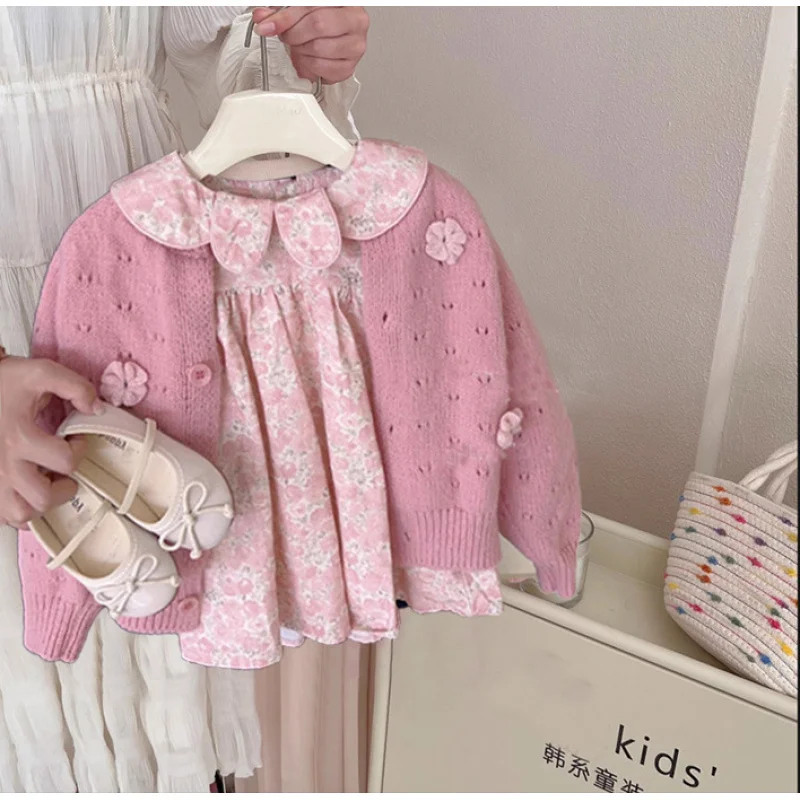 Children's Clothing Girl's Knitted Cardigan Autumn Clothing Little Girl Pink Fashionable Flower Sweater Children's Casual Tops