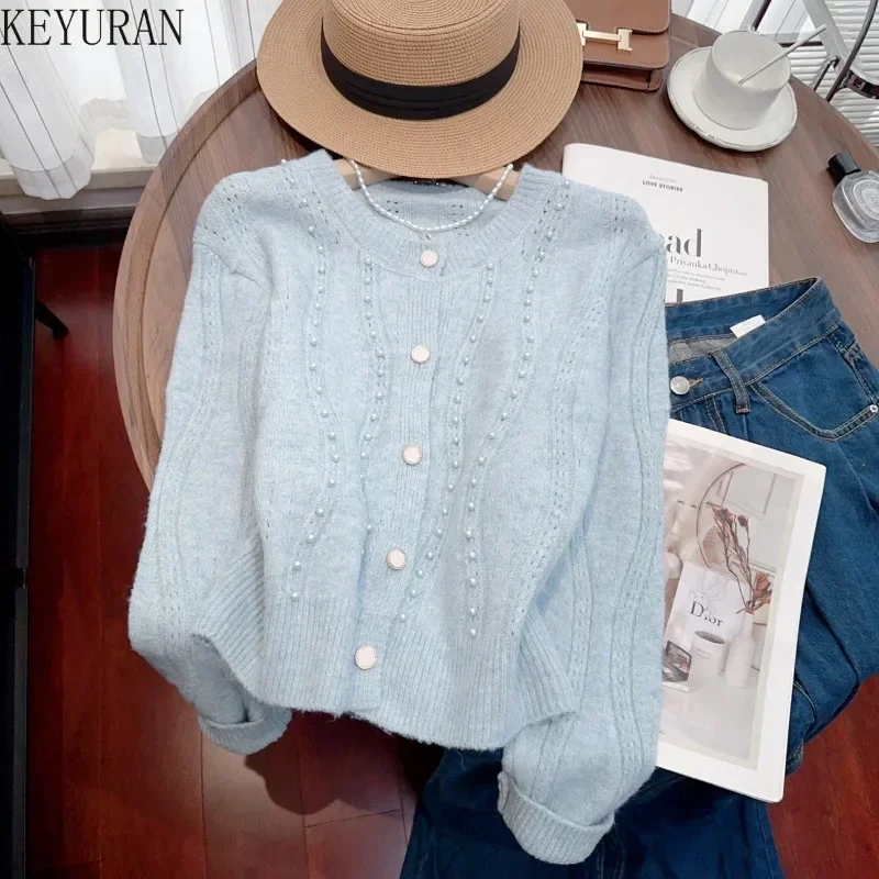 2024 Spring Autumn Knitted Cardigan Women Fashion Casual O-neck Long Sleeve Single Breasted Peals Beading Sweater Knitwear Tops