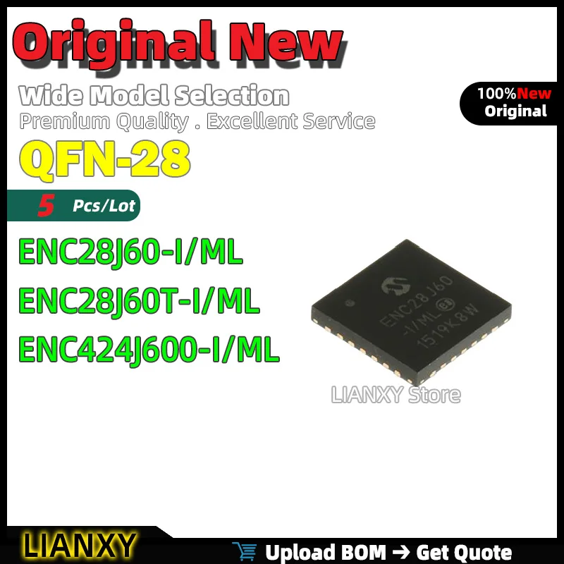 

5pcs QFN-28 ENC28J60-I/ML ENC28J60T-I/ML ENC424J600-I/ML Ethernet Controller New Original