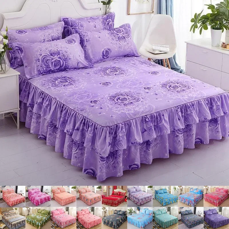 Printing Bed Skirt Ruffled Bedskirt Cover Bedroom BedCover BedSkirt Non-slip Mattress Cover Bedsheet/Bedspread with 2 Pillowcase