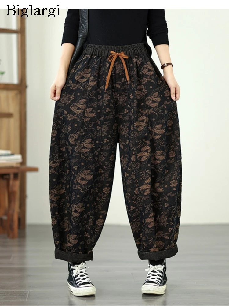 

Джинсы большого размера, осенние брюки-шаровары в стиле ретро, женские модные женские шаровары с цветочным принтом, повседневные свободные плиссированные женские брюки