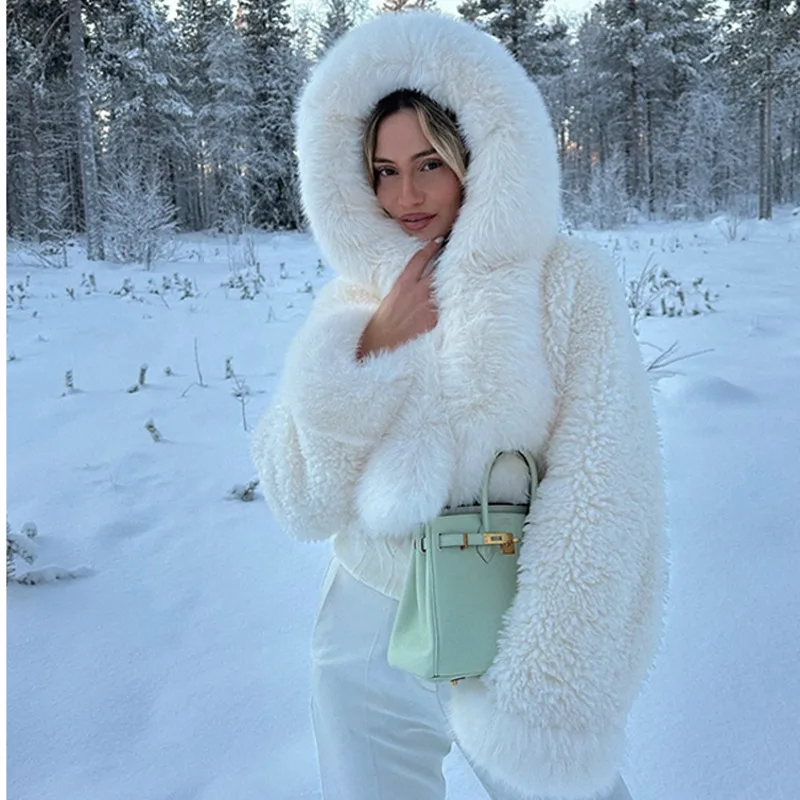 Winter White Hooded Faux Fur Jacket Women Fashion Fluffy Patchwork Thick Warm Fluffy Plush Short Coat 2025 Lady High Streetwear