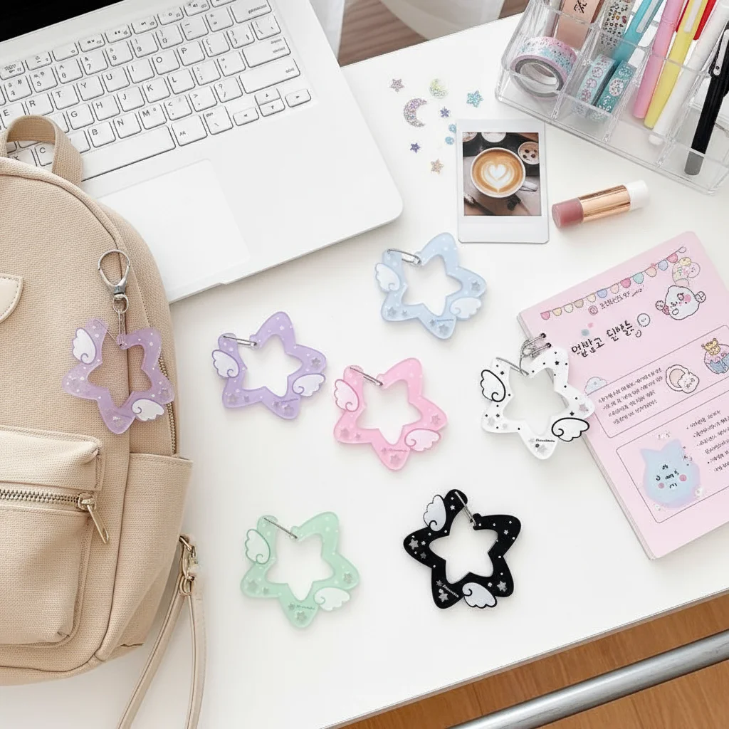 Cute INS Style Wings Star Carabiner DIY Keychain Bag Charm Backpack Pendant Handbook Acrylic Package Hanging Keychain Decoration