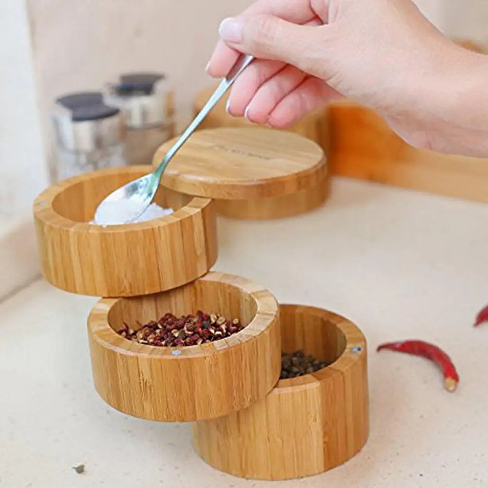 1Set Premium Bamboo Seasoning Storage Box Set Dustproof Insectproof Airtight Lid for Kitchen Spice Jar Salt Pepper
