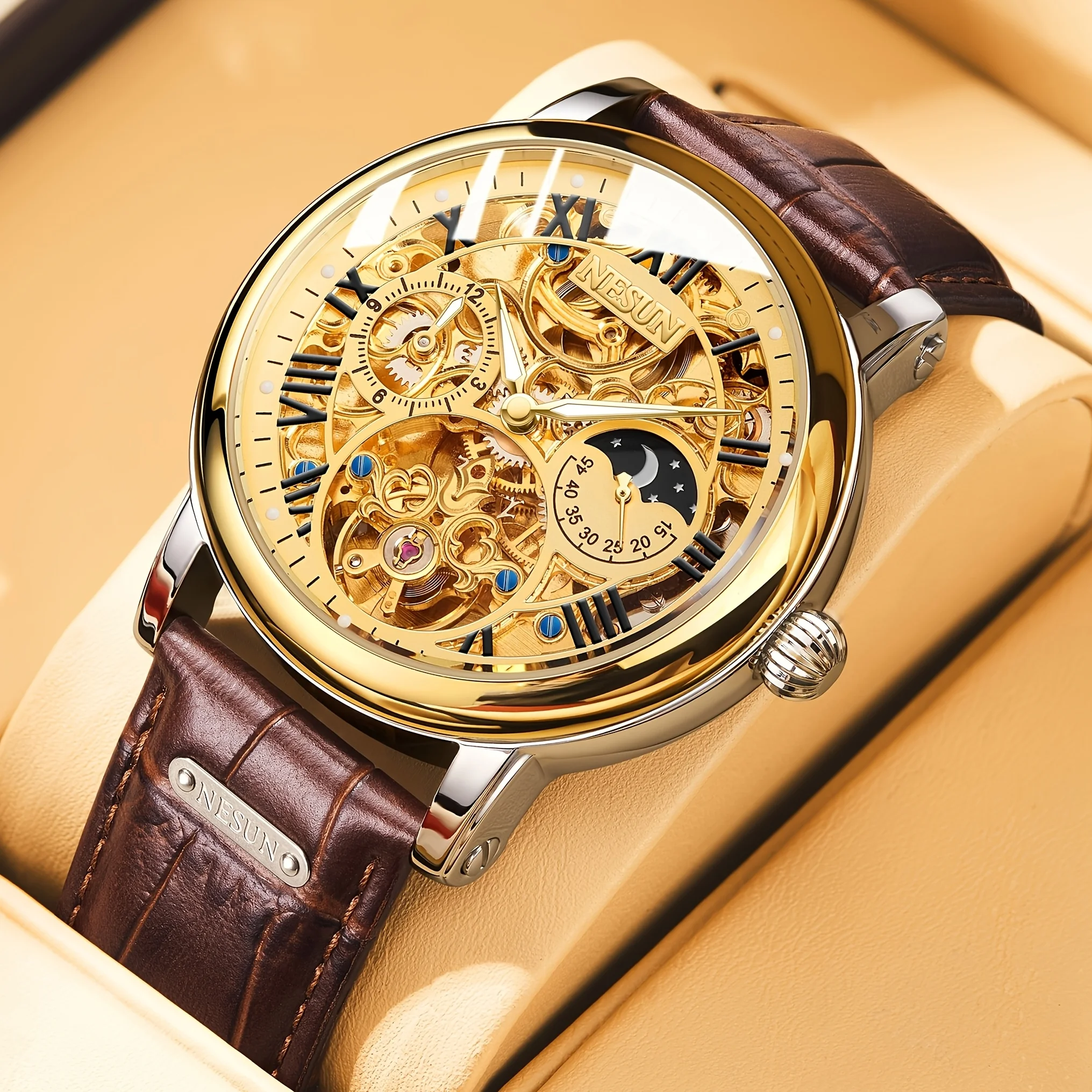 Nesun men's watch automatic mechanical watch men's large dial double hollowed men's watch luminous business men's watch
