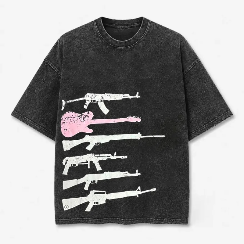 Guitar and Gun Y2K Mem Women's Printed Short-Sleeve Vintage Washed T-Shirt Unisex Summer Loose Fit Casual Streetwear Trend Tops