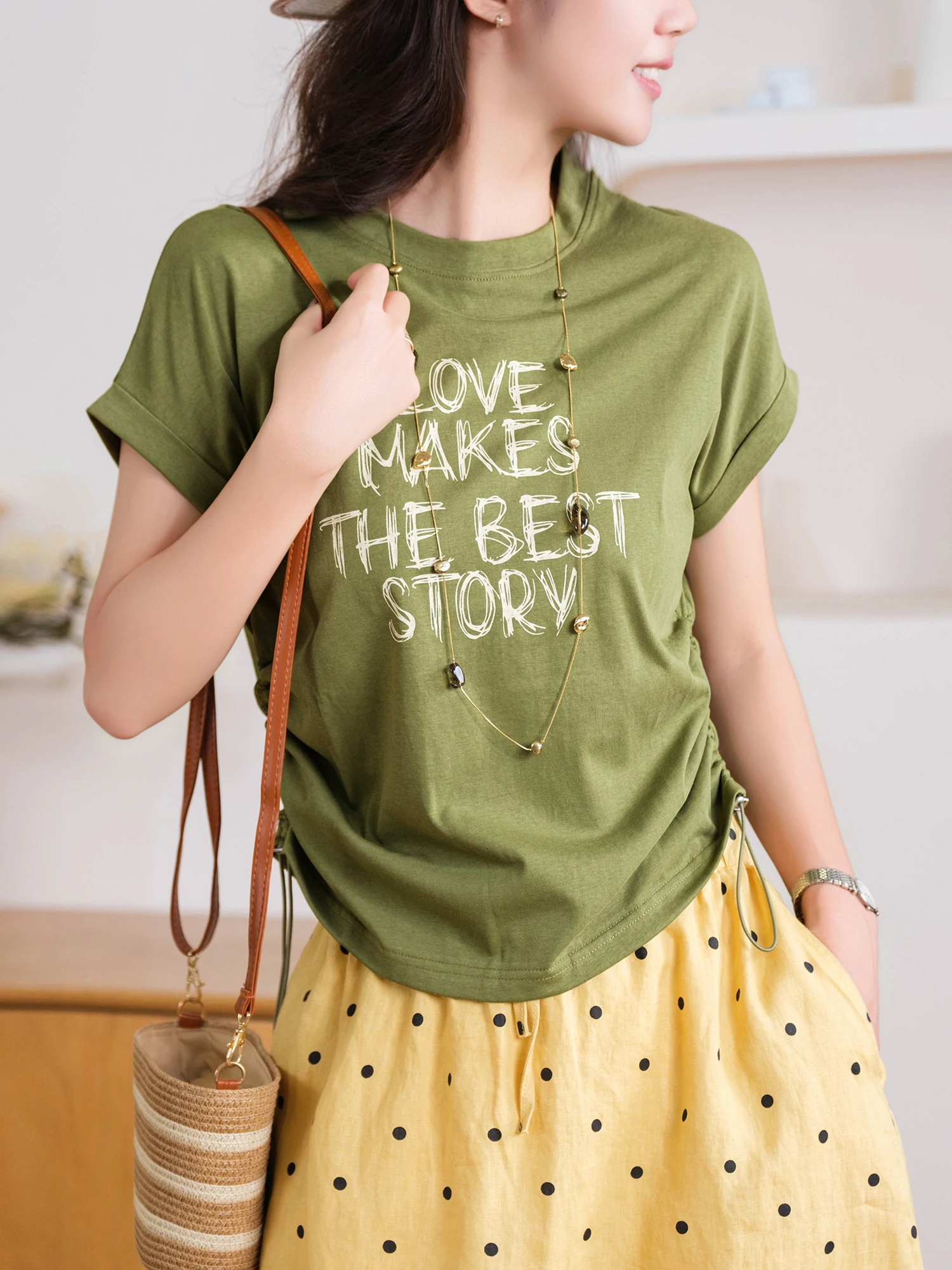 Loose Cotton T-Shirt with Drawstring Waistband Hand-Painted Snowflake Print Flared Cuffs Casual Summer Top for Women