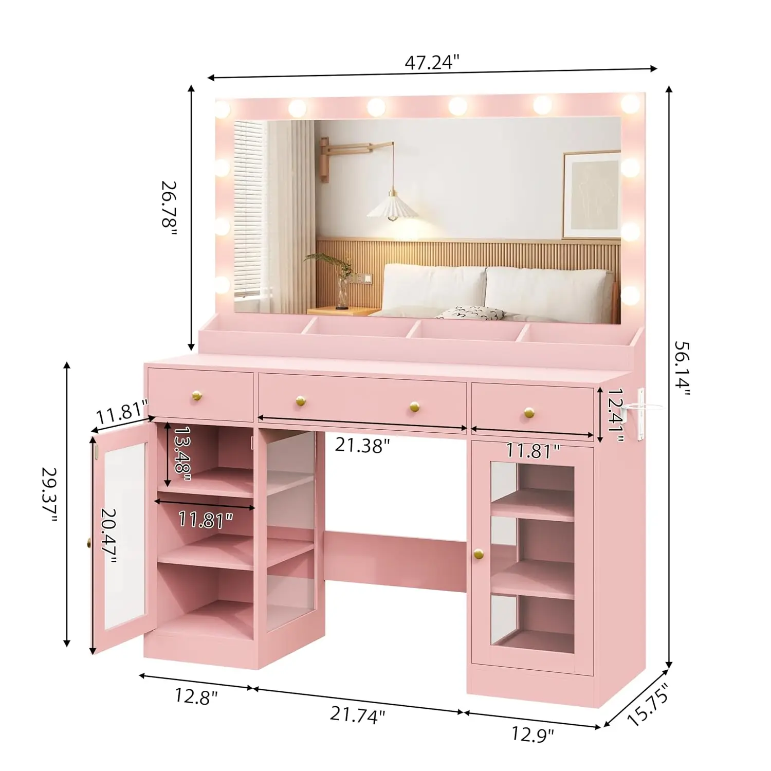 47in Vanity Desk with Lighted Mirror & Charging Station, RGB Cabinet, 3 Color Modes, Pink, Customized