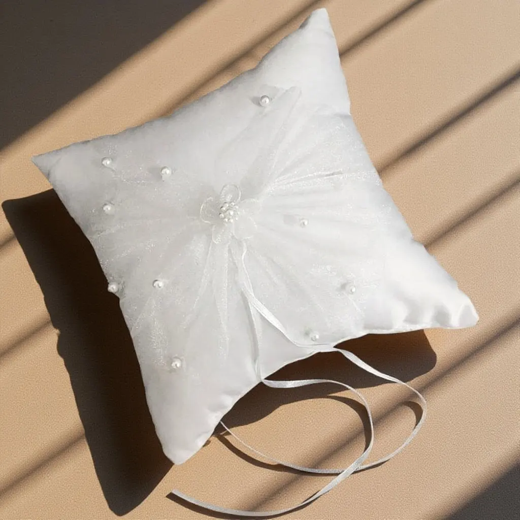 

Lace Wedding Ring Pillow Bridal Ivory Pearls Ribbon Flower Decoration Wedding Ring Bearer Pillow Elegant Compact Carry Cushion