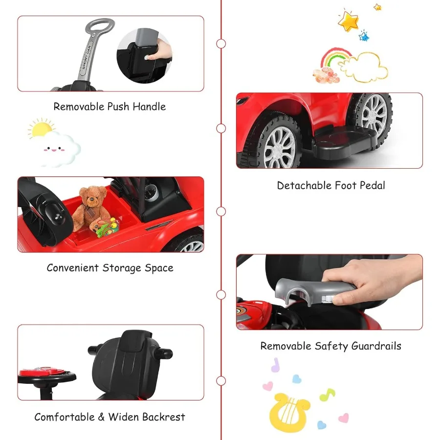 足で押す車、足で動かす車、プッシュハンドルと取り外し可能なガードレール、音と光、シート下収納付き
