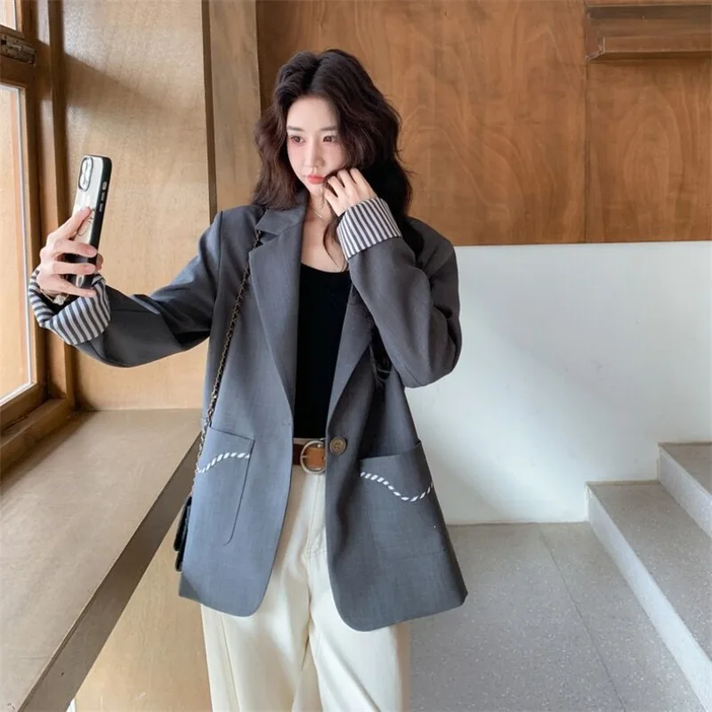 

SuperAen 2026 Spring and Autumn New Style Korean Design Striped Patchwork Long-sleeved Gray Casual Design Notched Suit Jackets