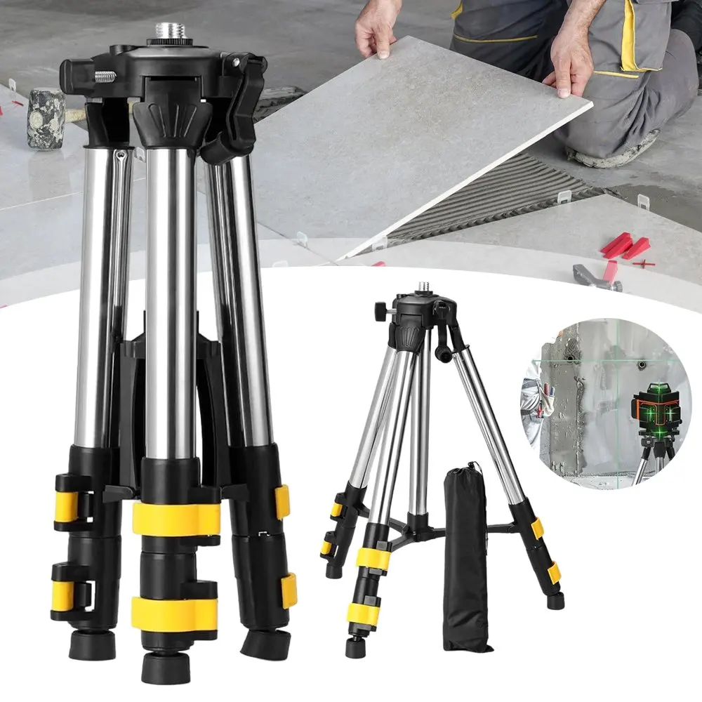 Trépied de niveau laser réglable avec connecteur universel standard de 5/8 pouces, cadre solide et stable, réglage de la hauteur flexible, équipé d'un sac de transport portable, pratique pour le rangement et les travaux de construction en extérieur.