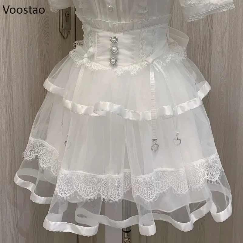 Japanese Gothic Lolita Style Rhinestone Mini Skirt Women Punk Slim Bandage Cake Skirt Girls Sweet Y2k Mesh Skirts Faldas Mujer