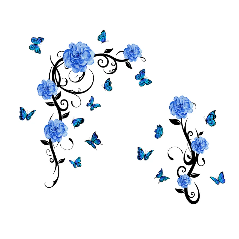 Cartoon Blue Flower Vine Butterfly Wall Stickers Room Living Room Sticker Bathroom Decoration Self-adhesive Removable Waterproof