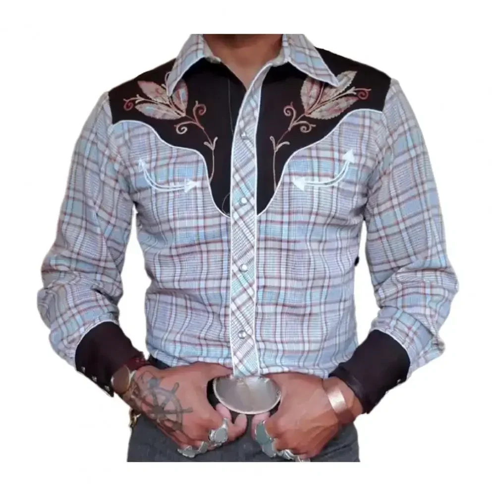Men Long-sleeve Shirt Western Style Shirt Vintage Western Cowboy Print Slim Fit Long Sleeve Shirt for Men Streetwear Business