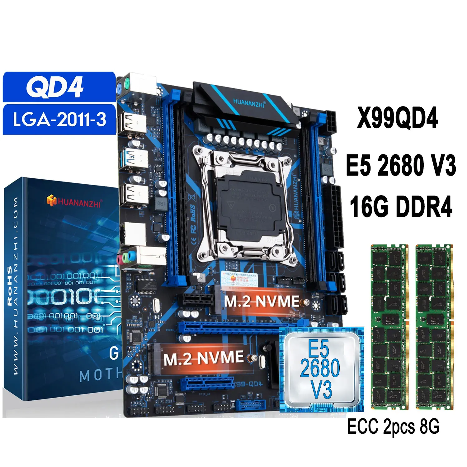 HUANANZHI QD4 X99 Motherboard Kombo, dengan memori 16G DDR4 ECC REG dan CPU E5 2680 V3 XEON mendukung USB 3.0 SATA 3.0