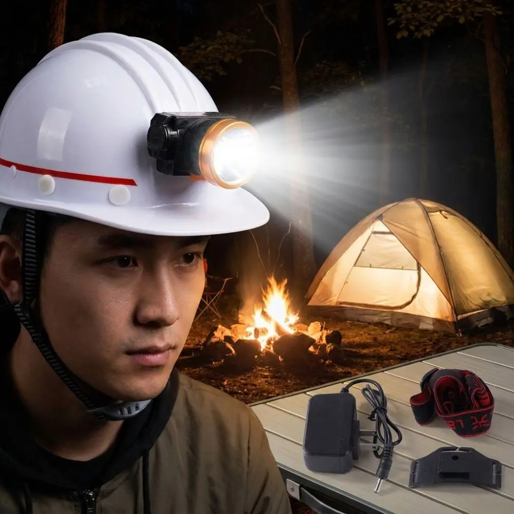 Rechargeable LED Mining Headlamp Waterproof Long Runtime Hard Hat Clip Mining Lamp Large Battery Clip and Strap Dual Wear