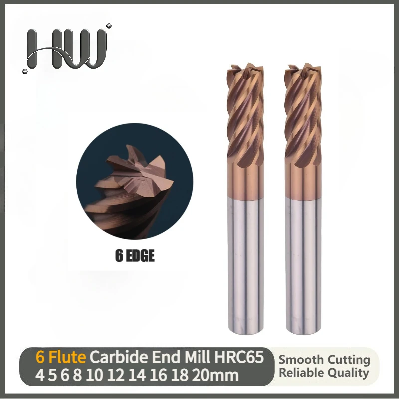 6 Flute HRC65 Carbide Square End Mill Alloy Carbide Milling Tungsten Steel Milling Cutter CNC Cutting Tools For Steel 4 6 8 10mm