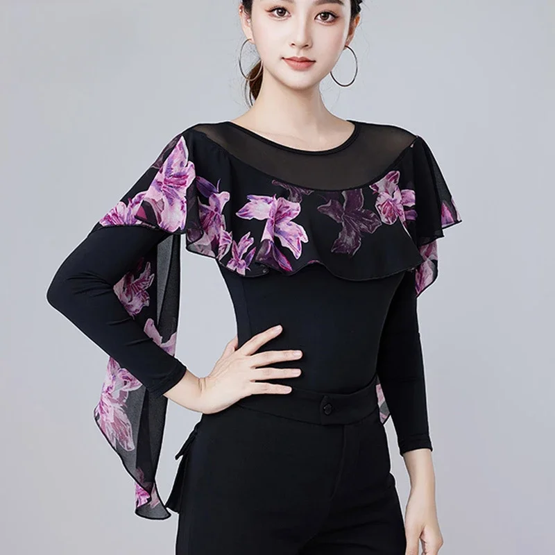 Roupas de dança latina finas e modernas, roupas de prática para mulheres, novo padrão nacional, roupas de dança de salão, mangas compridas