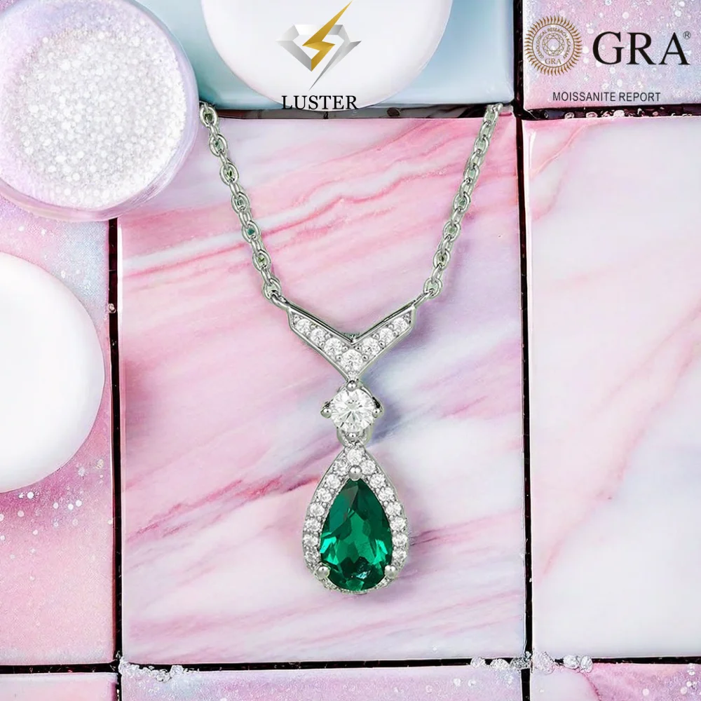 

LUSTER D Cultivate emerald-green Pendant Original s925 Sterling Silver Plated 18k White Gold with GRA Pendant for Women