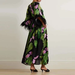 Women Pleated Floral Pinted Party Dresses Bohemian Ladies Long Sleeve Waisted Dress Sexy Stitching Feather V-Neck Long Dress
