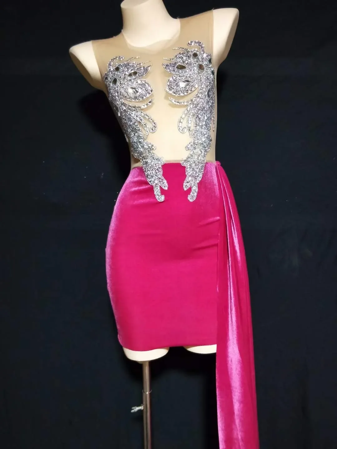 FibrfzVelvet-Robe Sexy avec Strass pour Femme, Costume de Scène, Soirée, Bal, Tenues Drag Queen, Rose, Vert