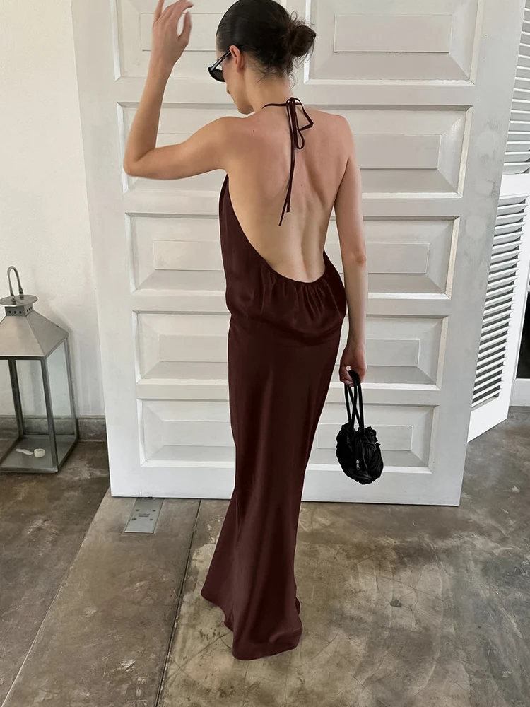 

Retro solid color vacation set with backless suspender and half skirt set casual commuting sleeveless high waisted skirt set