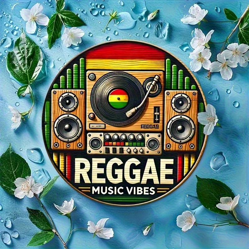 2D Flat, 8x8inch Retro Reggae Jamaica Wooden Wall Art Round Country Style Hanging Sign with Colorful Rasta Flags, Musical Notes,