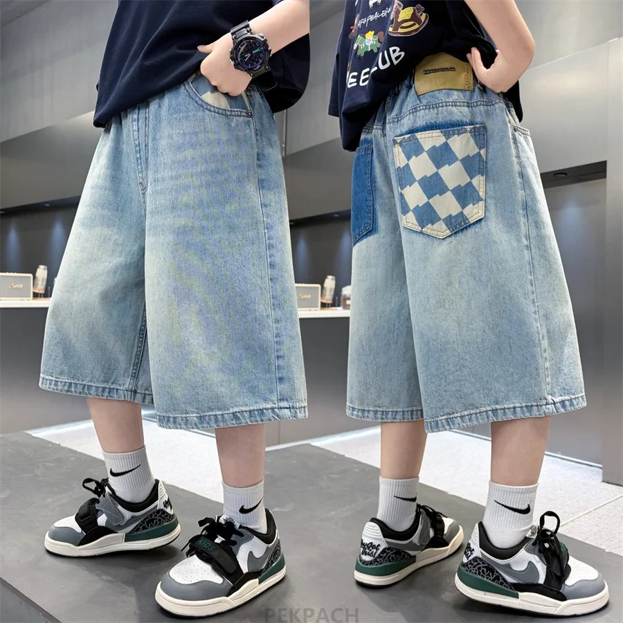 

Loose Straight Children's Denim Shorts with Plaid Pocket for Boy Casual Knee Length Capris Jeans Teens Child Summer Shorts 5-14Y