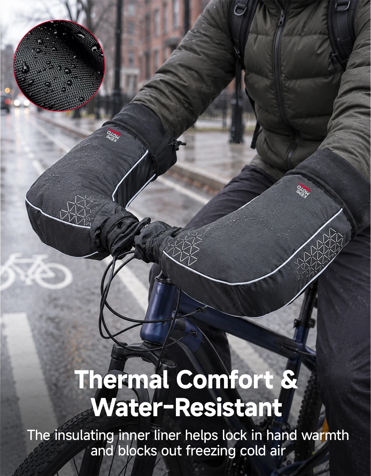 KEMIMOTO Winter Bike Handlebar Mittens Thermal Windproof Cycling Hand Warmers Bicycle Handlebar Gloves With Zipper Pocket
