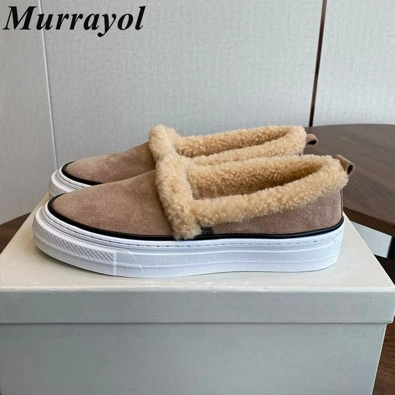 Flats Round Toe Deep Mouth Thick Bottom Walking Shoes Women Suede String Bead Decor Lazy Loafers Winter Wool  Lining Snow Boots