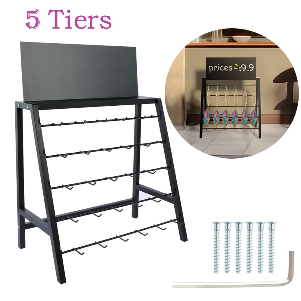 5-Tiers Jewelry Shelf Wooden Earring Display Stand with Advertising Board 30 Hooks Large Capacity Jewelry Organizer for Selling