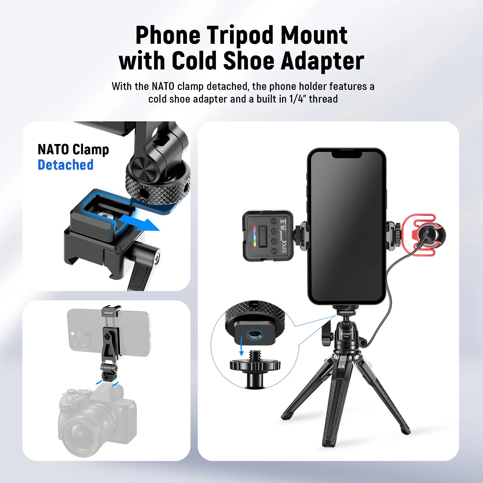 Imagem -04 - Neewer-metal Telefone Tripé Mount com Cold Shoe Mount Braçadeira Nato para Dji Rs4 Rs3 Pro Rs2 Rsc2 Gimbal Estabilizador Iphone 15