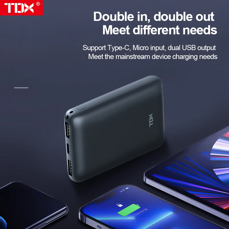 بنك طاقة صغير للشحن السريع من TDX ، إصدار الهاتف المحمول ، جيب USB محمول للغاية ، سعة كبيرة ، بطارية خارجية